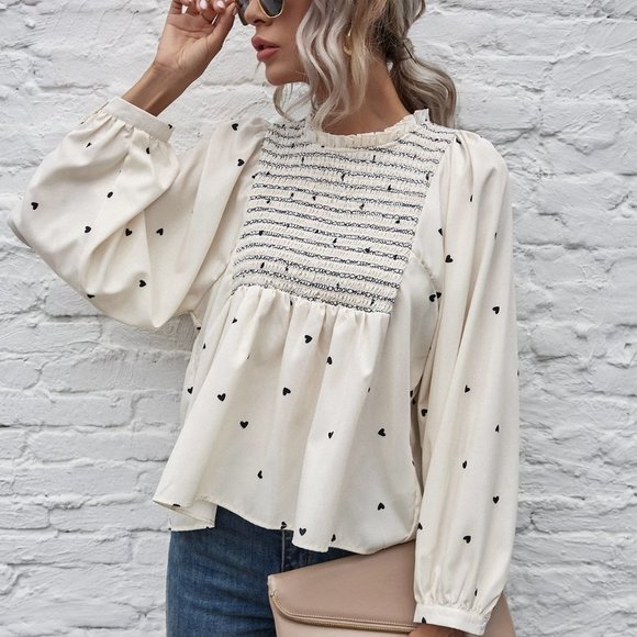 . Tops - Beige Casual Womens Heart Print Shirred Peplum Blouse